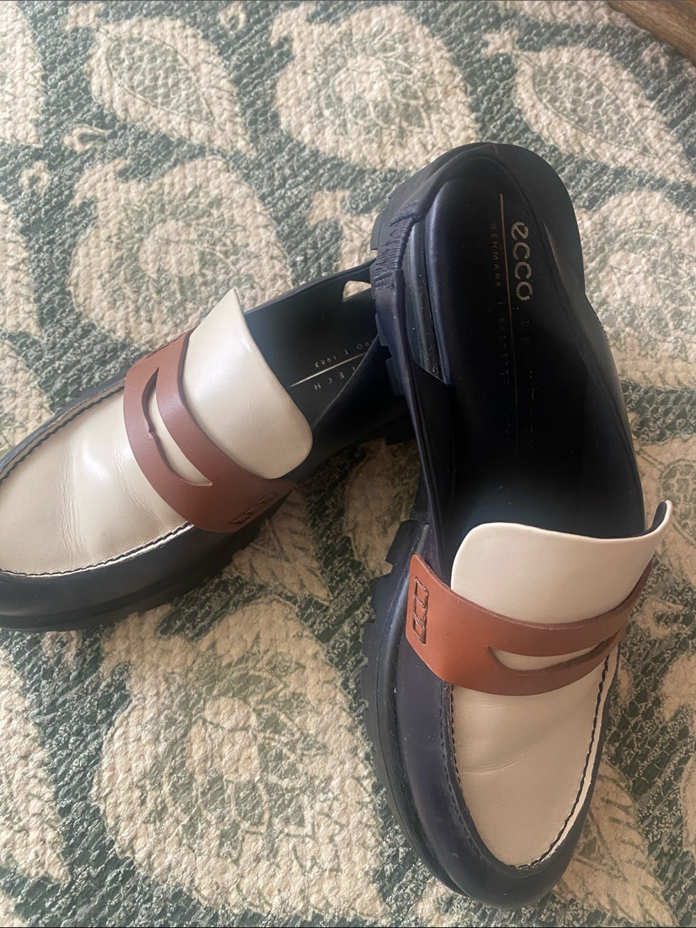 ECCO woman’s  Cream, Brown and navyLeather Penny Loafers with blackSole.